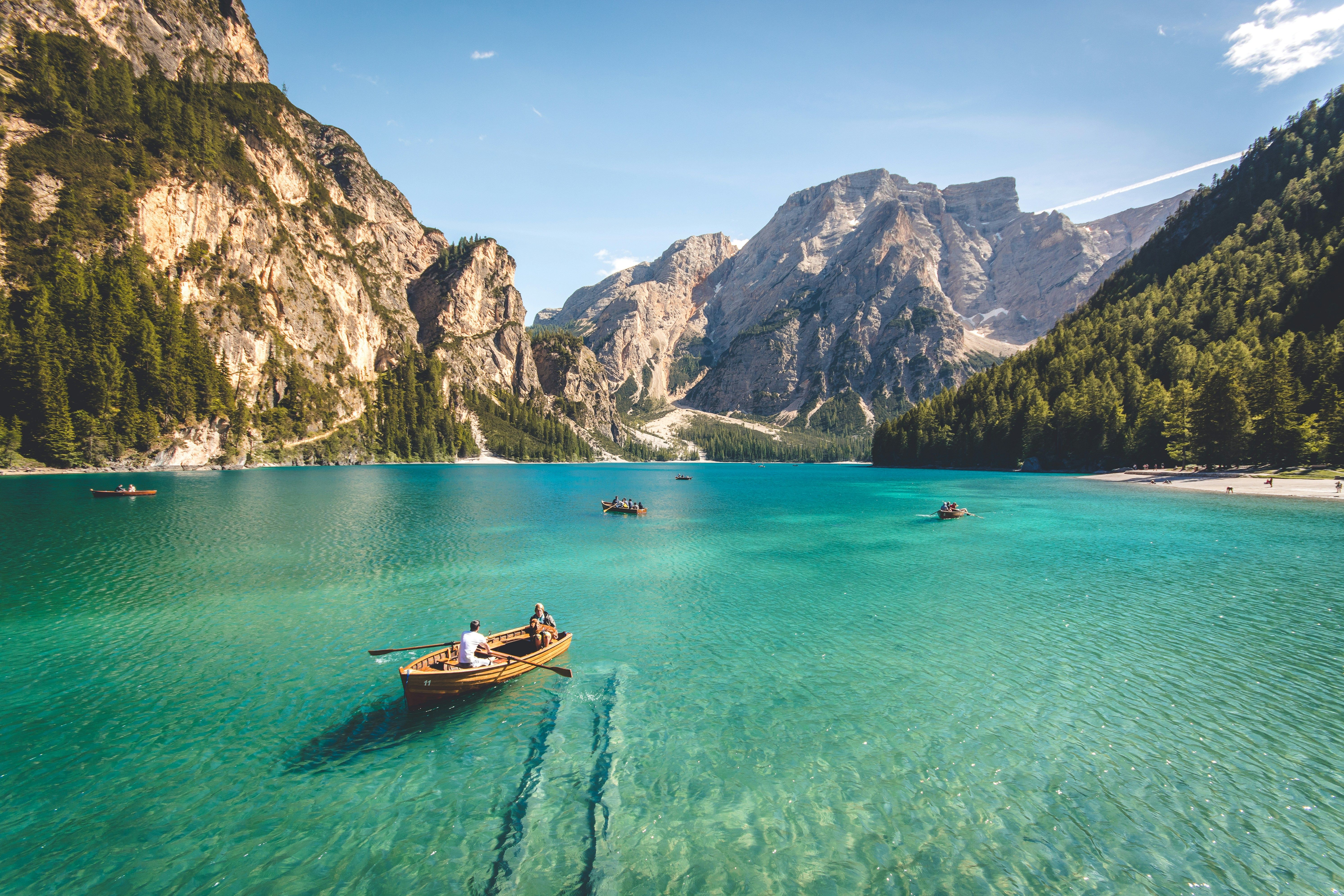 A canoe in beautiful mountain scenery. 