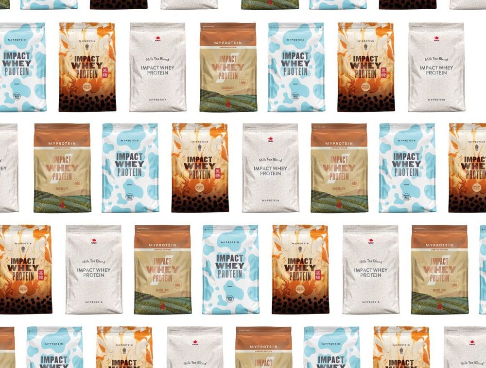 multiple rows of Myprotein product packs with multiple languages