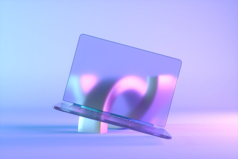 Tilted laptop on purple background