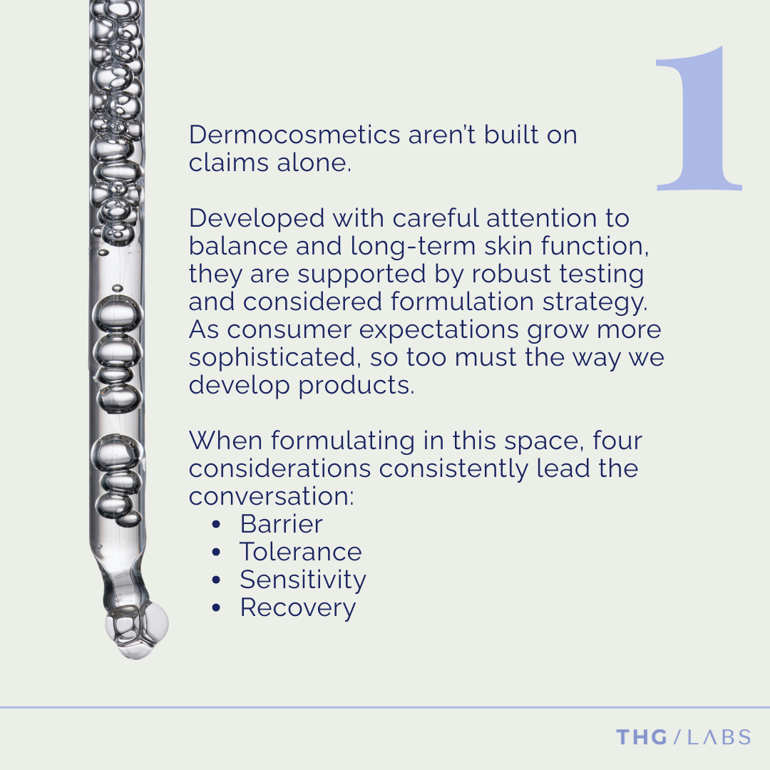 Close-up of a cosmetic serum dropper illustrating science-led dermocosmetic formulation focused on barrier integrity, skin tolerance, sensitivity and recovery.