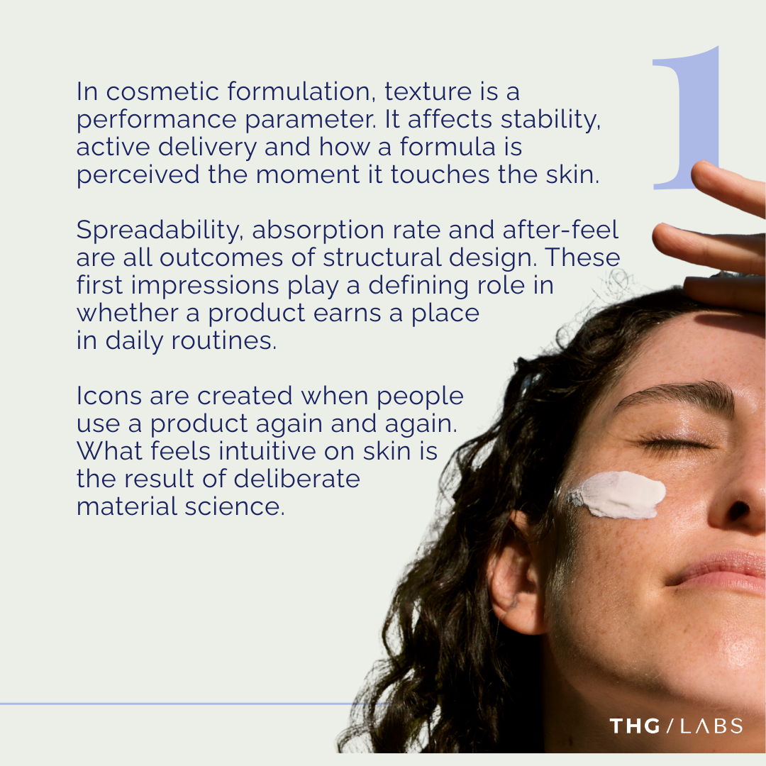 Woman applying cream to skin with eyes closed, illustrating how texture, spreadability and absorption influence user perception and skincare routines.