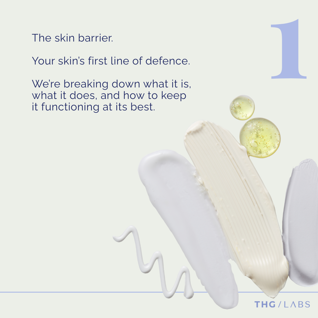 Skincare textures and serum droplets, illustrating the skin barrier as the first line of defence and its role in protecting and regulating skin function.