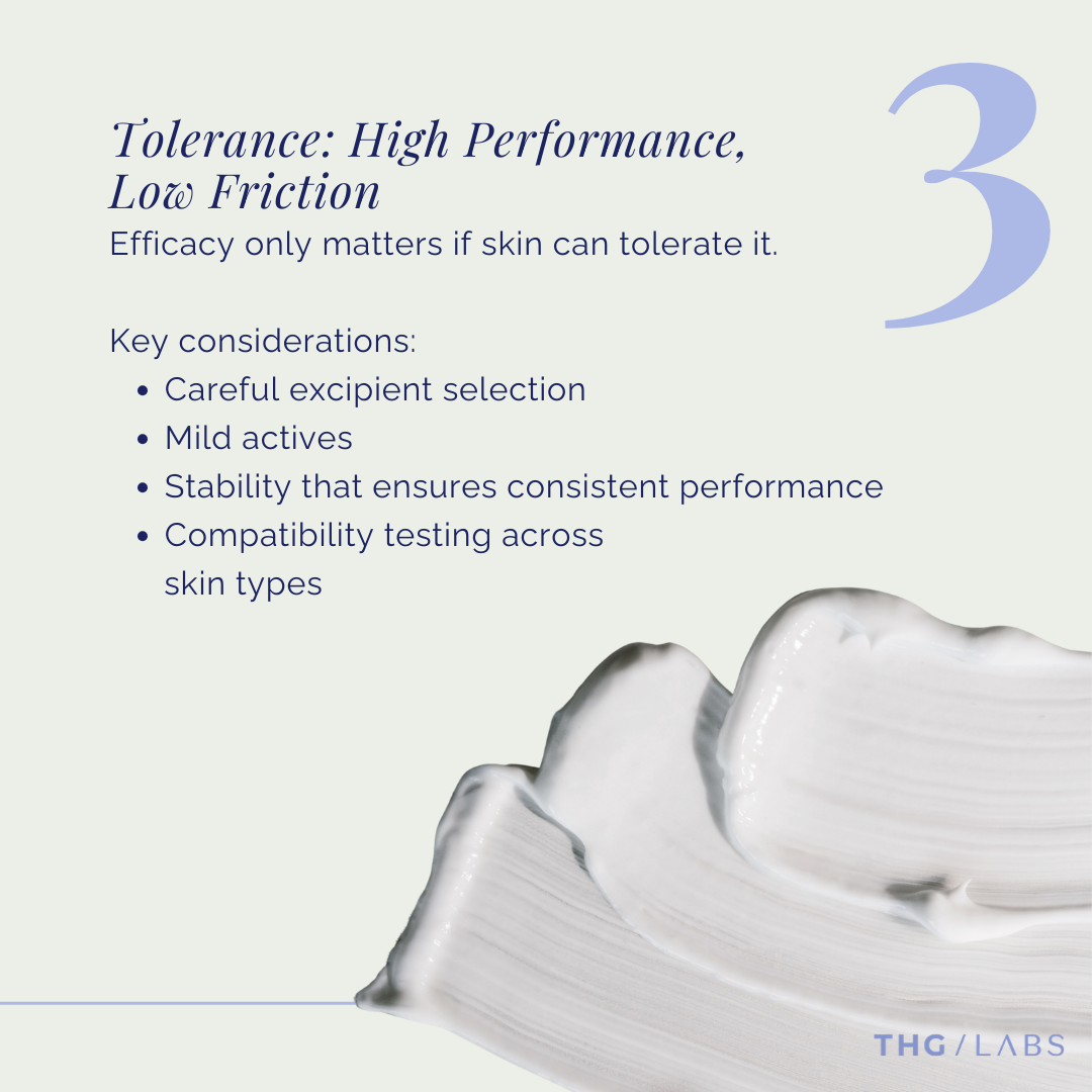 Smooth cream texture representing high-performance skincare designed for skin tolerance, stability and compatibility across different skin types.