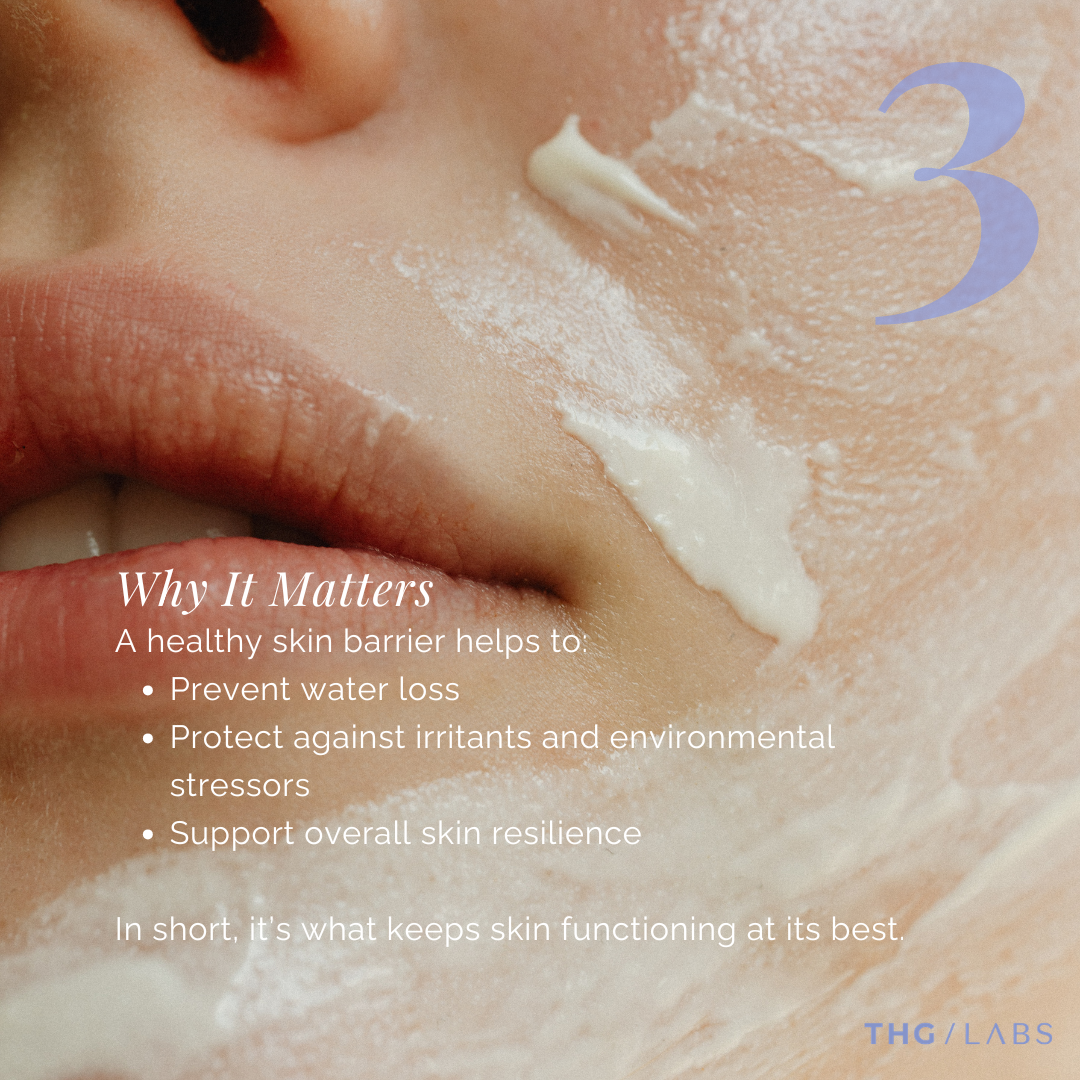 Close-up of hydrated skin with cream application, demonstrating barrier function in preventing water loss and protecting against environmental stressors.
