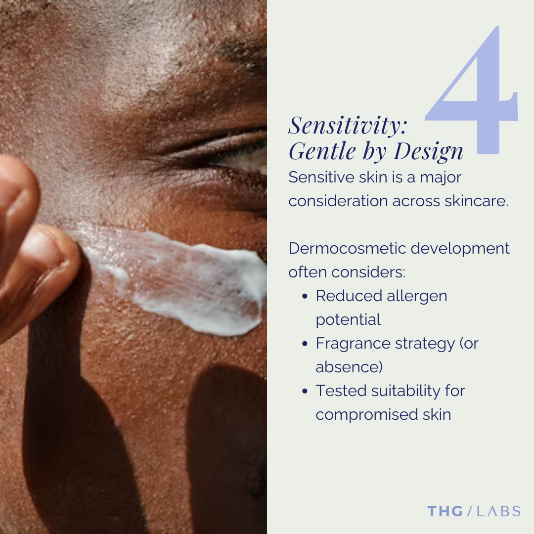 Close-up of sensitive skin with gentle cream application, highlighting dermocosmetic approaches to reducing irritation, supporting reactive skin and minimising allergen exposure.