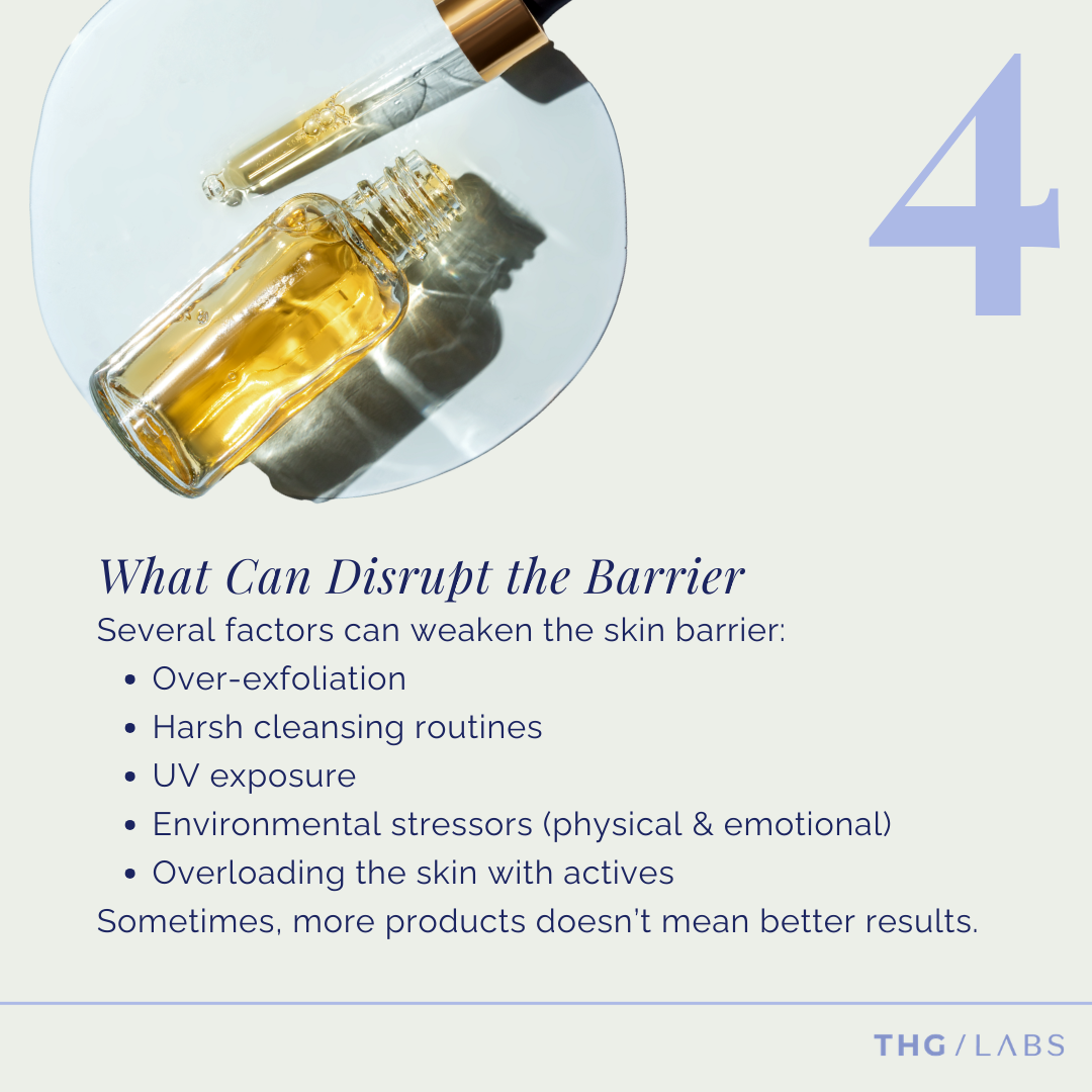 Serum dropper and oil textures, representing skincare routines and external factors that can disrupt the skin barrier such as overuse of actives.