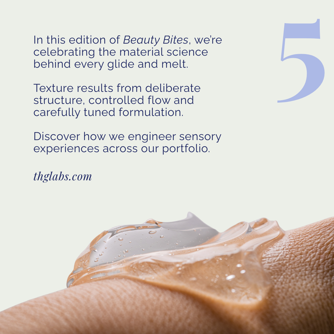 Gel texture applied to skin with glossy finish, illustrating controlled flow, structure and the final sensory payoff of a well-engineered formulation.