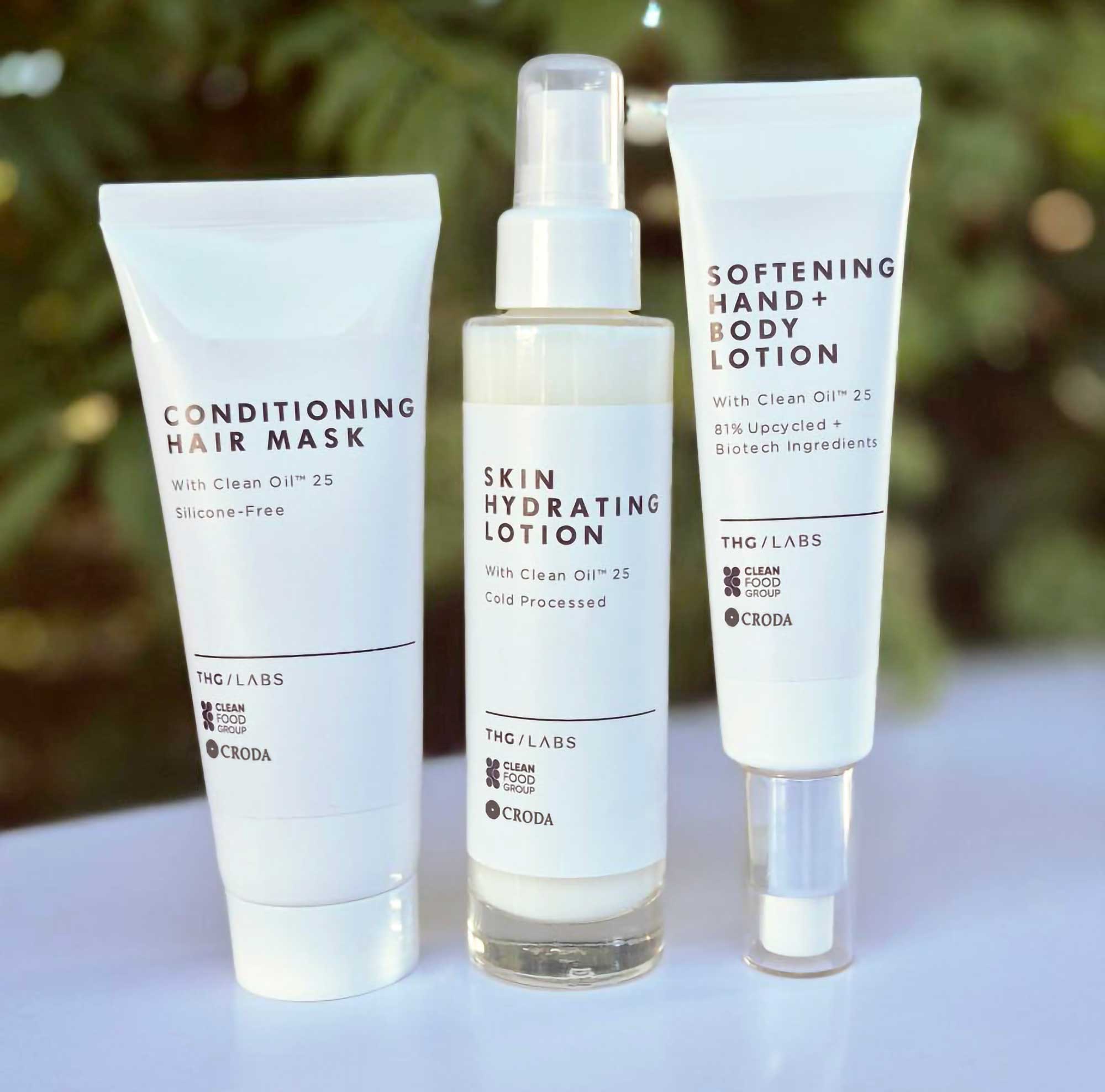 CleanOil biotech-derived cosmetic formulations including hair mask, lotion and treatment showcasing sustainable ingredient innovation for beauty product manufacturers