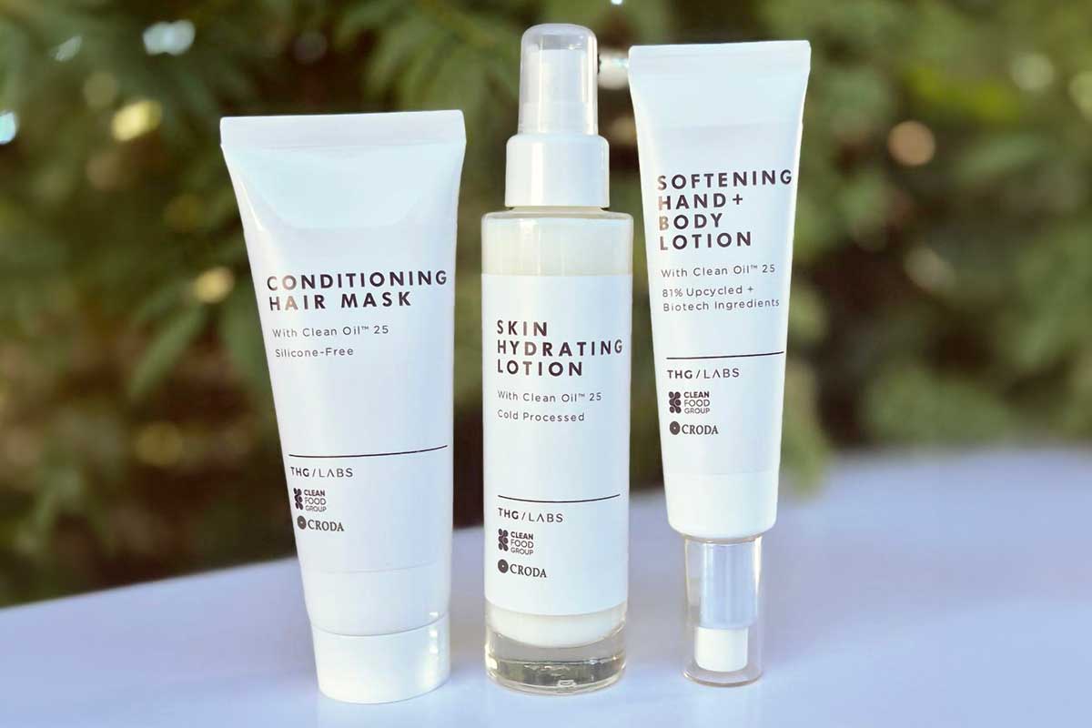 CleanOil biotech-derived cosmetic formulations including hair mask, lotion and treatment showcasing sustainable ingredient innovation for beauty product manufacturers