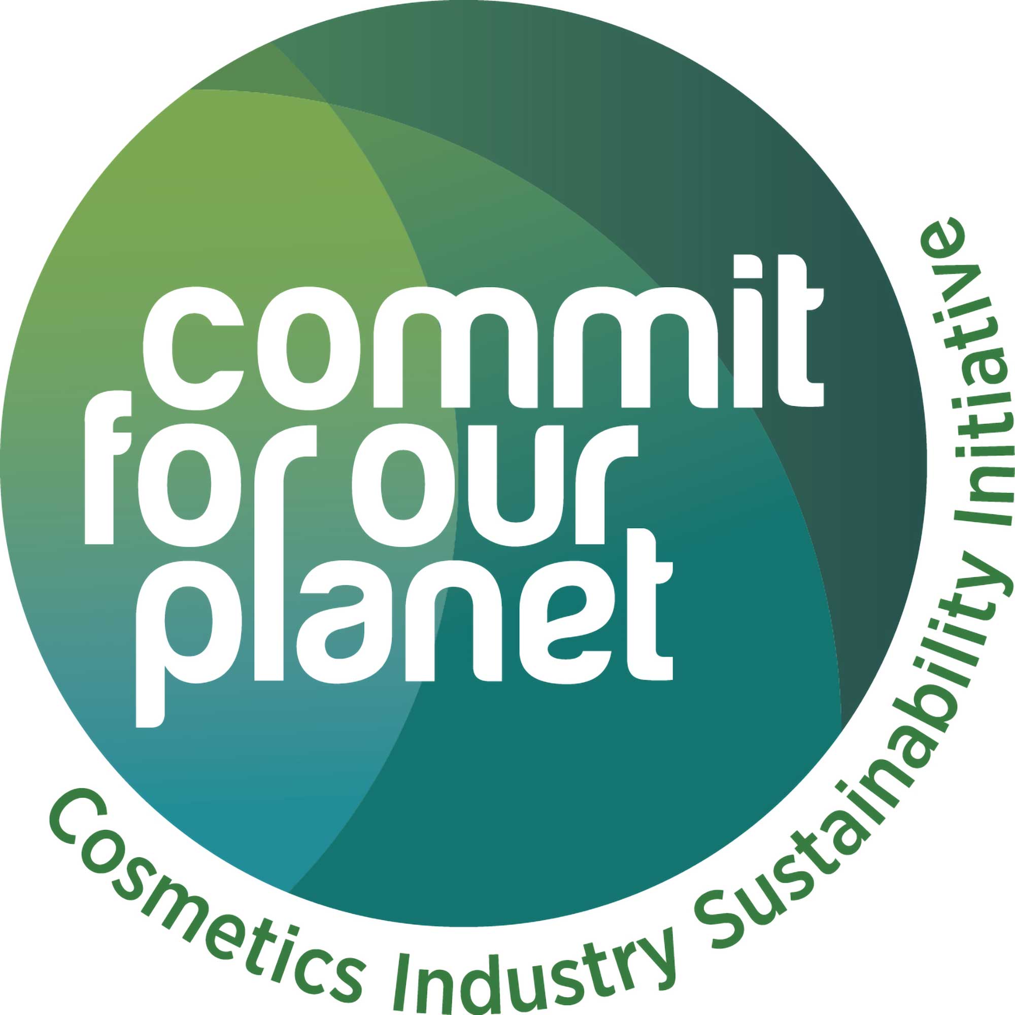 Commit for Our Planet cosmetics sustainability initiative logo highlighting industry collaboration on environmental responsibility and sustainable beauty manufacturing