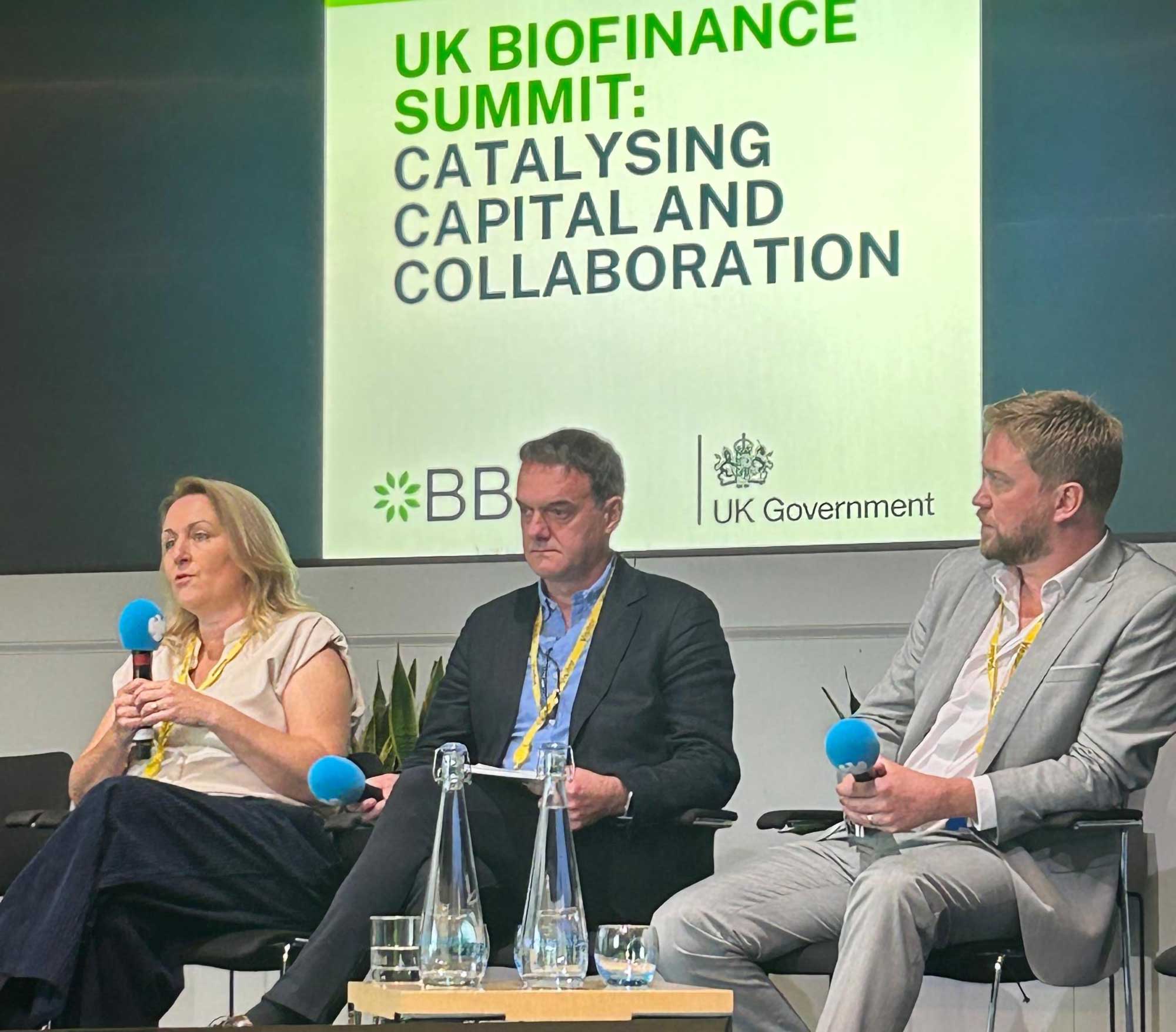 Industry experts discussing biotechnology innovation and investment at UK BioFinance Summit highlighting CleanOil and sustainable cosmetic ingredient development