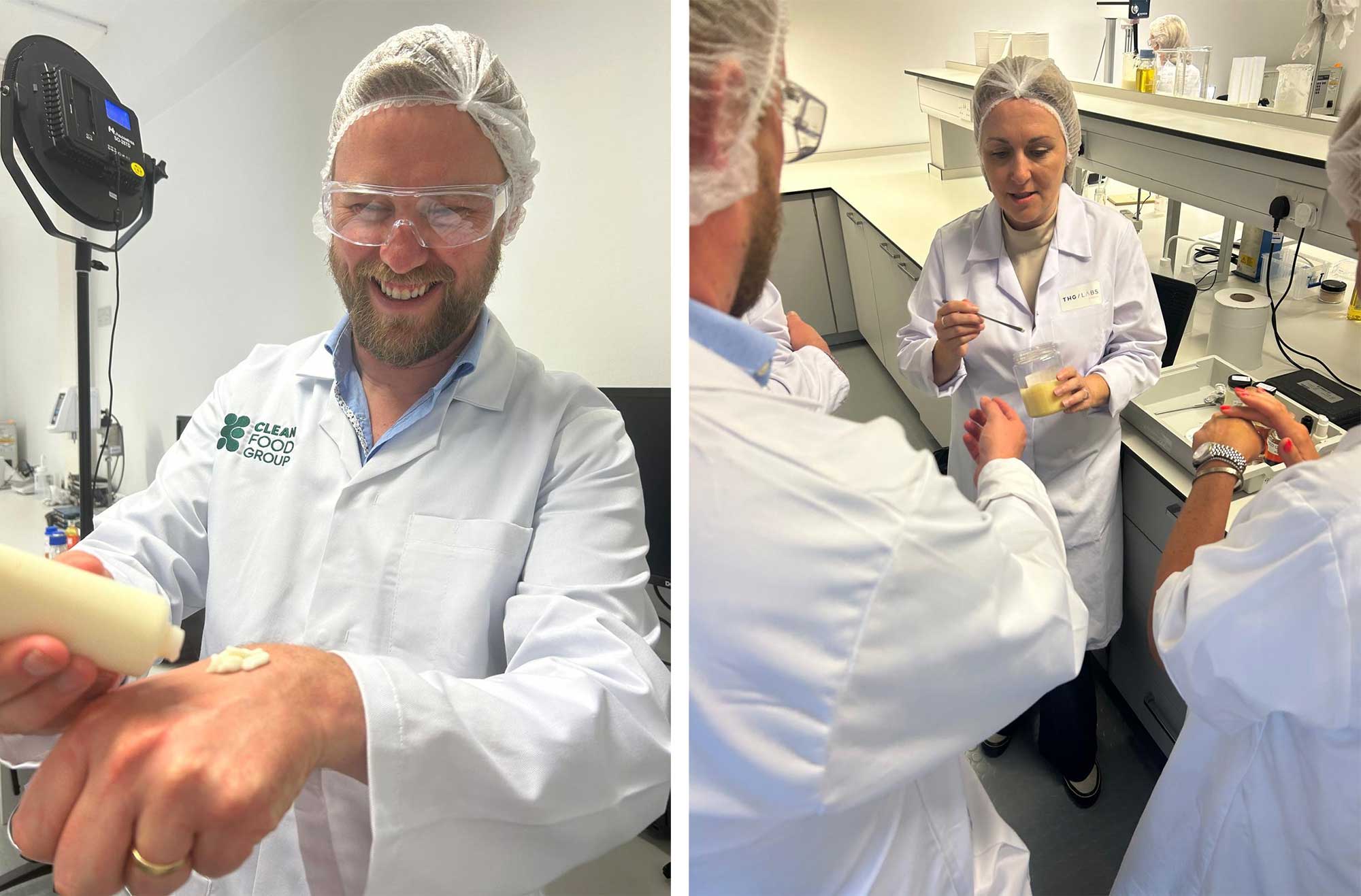 THG LABS formulator with Clean Food Group evaluating CleanOil samples in laboratory environment demonstrating collaborative cosmetic product development and ingredient testing  CleanOil cosmetic formulation being applied to skin during product testing
