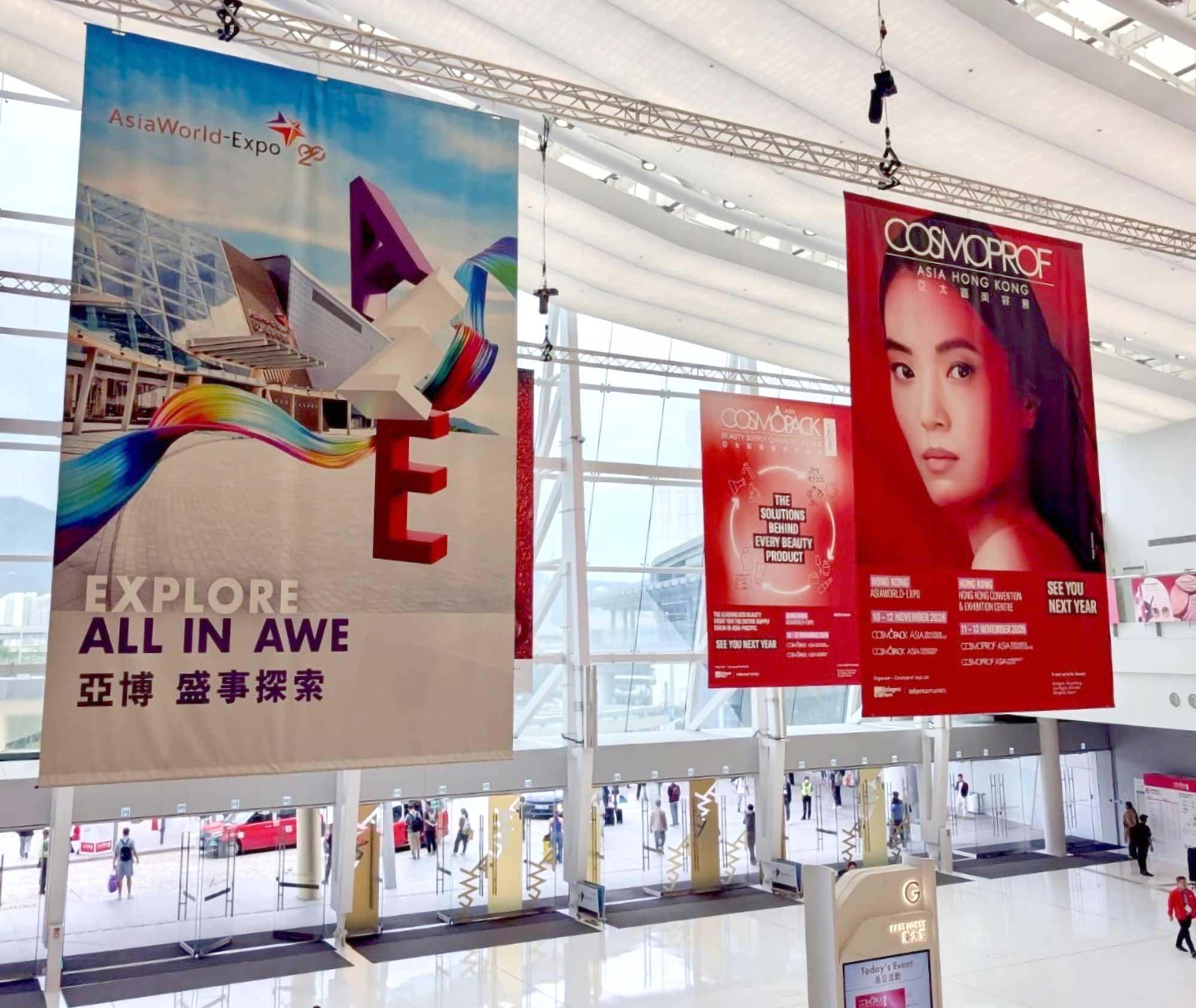 Banners for Cosmoprof Asia inside beauty innovation awards event venue.
