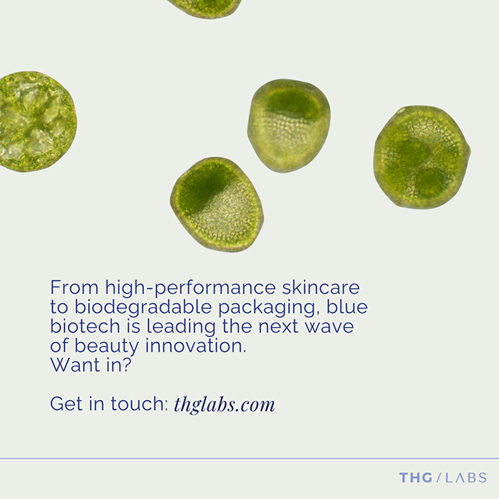 Close-up of green algae cells highlighting blue biotech innovation in sustainable beauty and packaging.