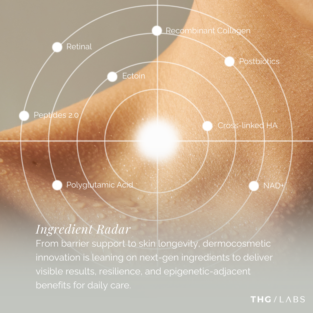 Ingredient radar overlay on glowing skin representing dermocosmetic skincare actives.
