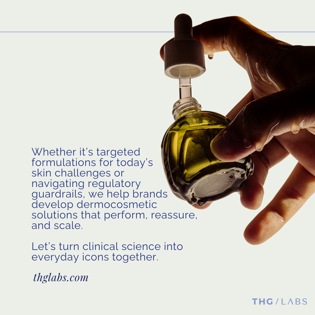 Hand holding serum bottle representing THG LABS dermocosmetic skincare innovation.