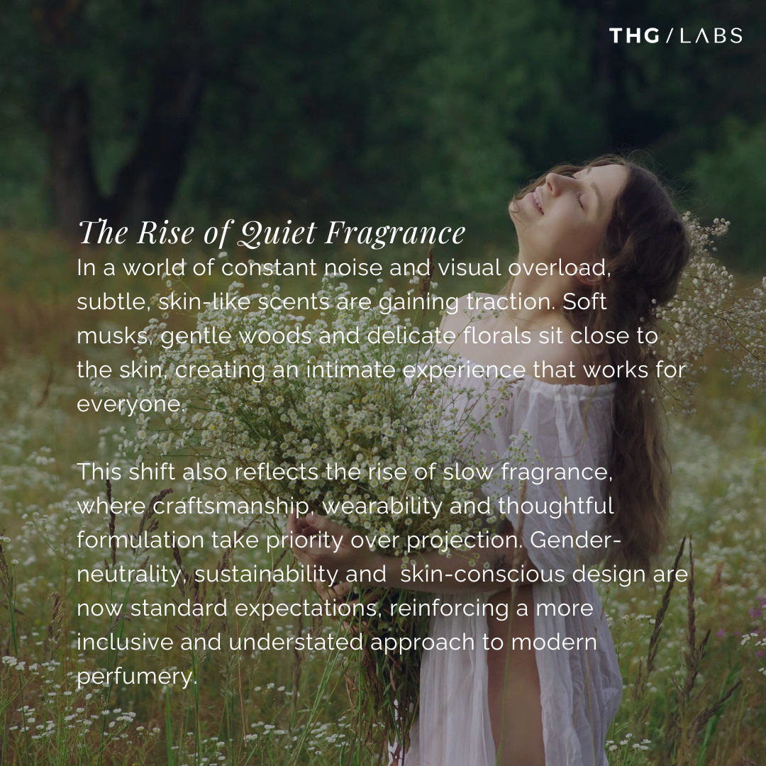 THG LABS fragrance product development insight highlighting the rise of quiet fragrance with skin-close scent design and wearable formulations