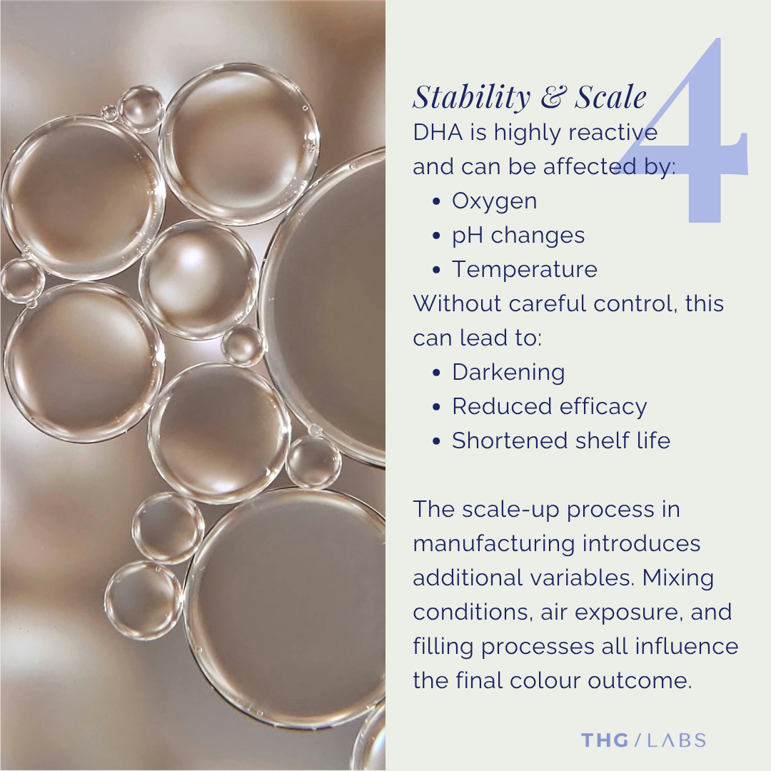 Cosmetic manufacturing perspective on DHA stability, showing how oxygen, temperature and pH influence self-tan product scale-up and shelf life