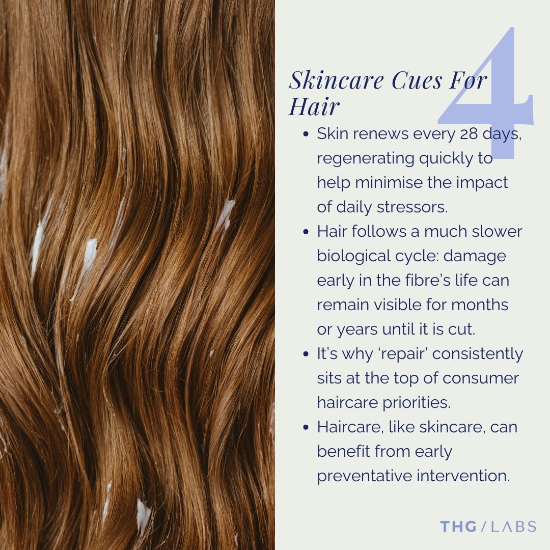 Detailed hair fibre texture with visible product application, illustrating repair, prevention and skincare-inspired approaches to strengthening hair from root to tip.
