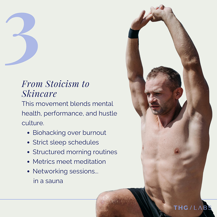 Graphic connecting performance-oriented behaviours with men’s skincare and personal care choices.