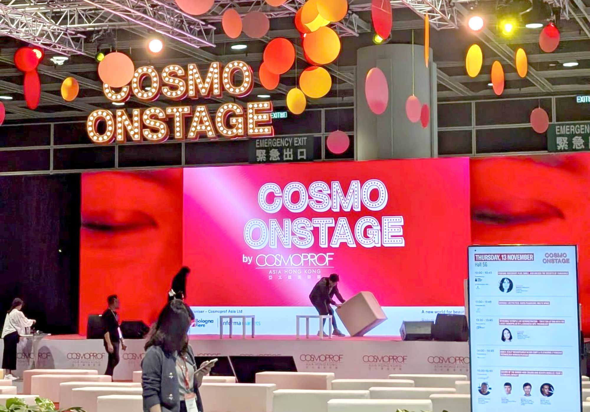 Cosmoprof Asia speakers stage ahead of beauty innovation presentations.