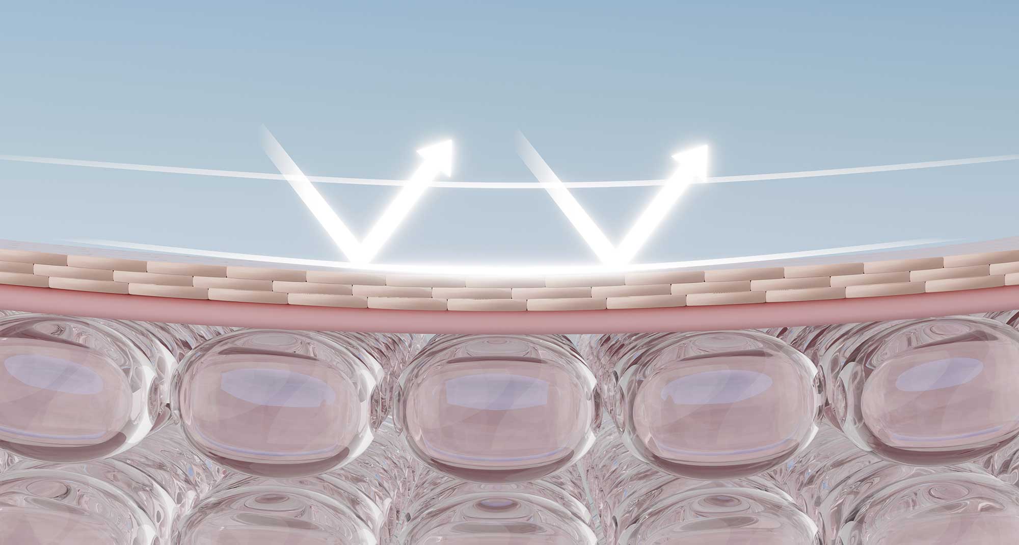 Scientific illustration of UV radiation interacting with skin layers, representing UV filter technology and sunscreen formulation development.