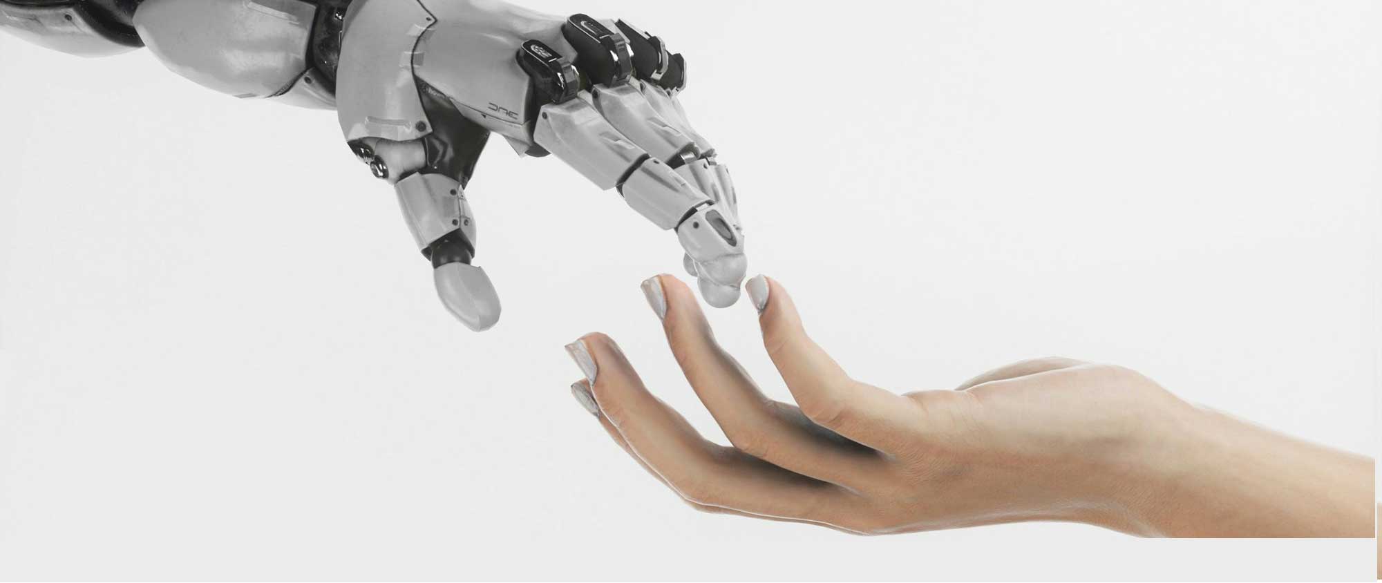 Robotic hand reaching towards human hand symbolising AI-powered beauty innovation, intelligent product development and the future of beauty.
