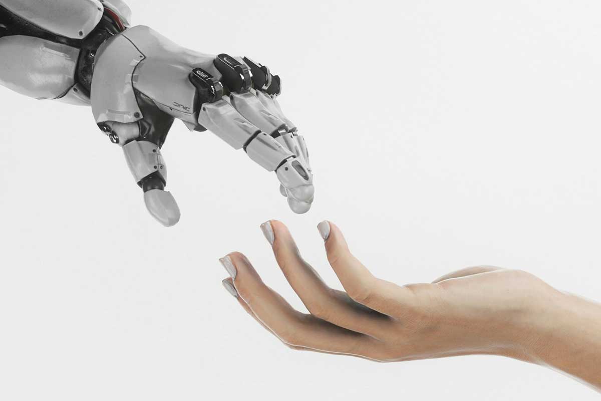 Robotic hand reaching towards human hand symbolising AI-powered beauty innovation, intelligent product development and the future of beauty.