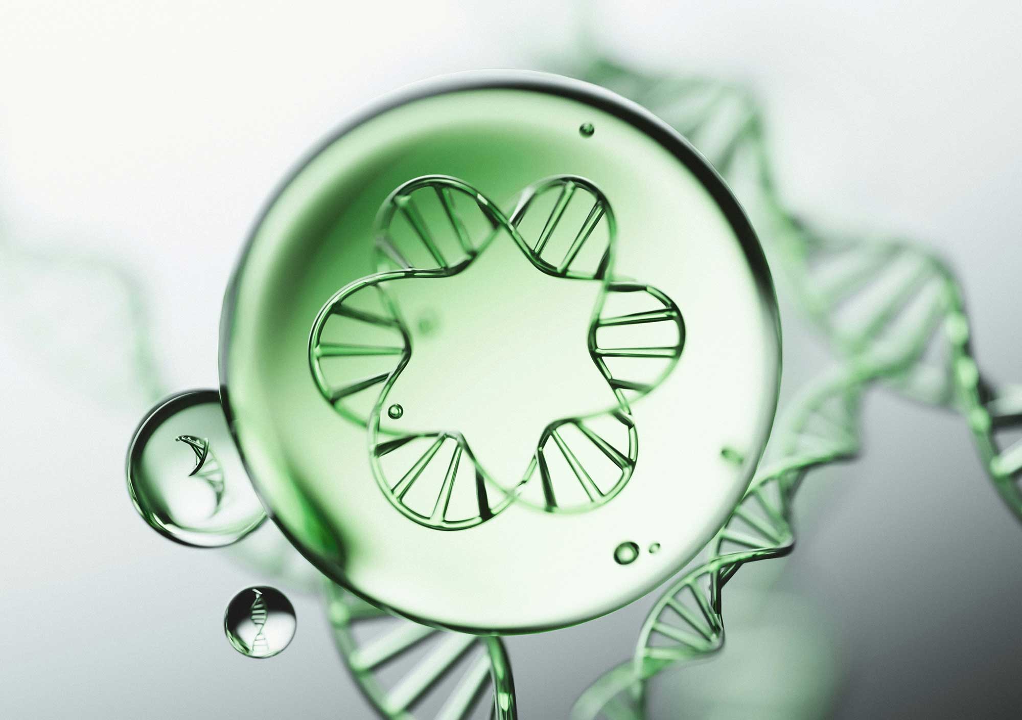 Green biotech-inspired DNA visual symbolising advanced cosmetic ingredient innovation, biotechnology and future-focused beauty product development at THG LABS.