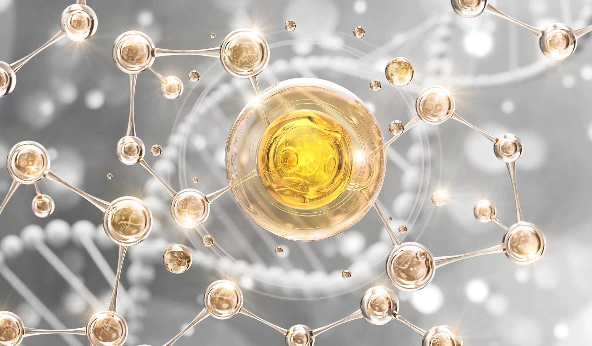Molecular illustration representing biotechnology-derived skincare actives used in advanced SPF formulation and suncare innovation.
