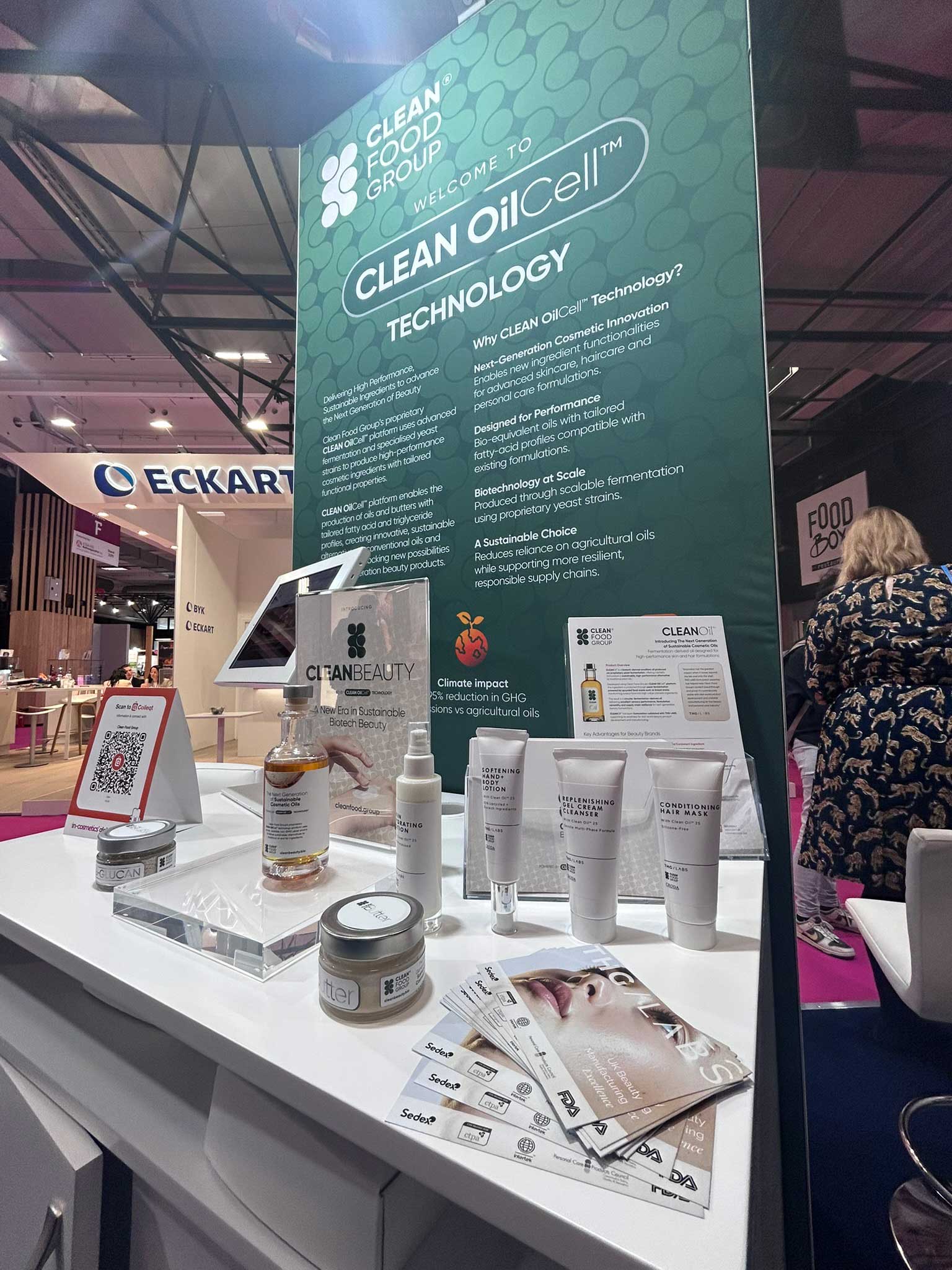 : THG LABS and Clean Food Group CLEAN OilCell™ biotechnology showcase featuring sustainable beauty formulations and biotech ingredient innovation at In-Cosmetics Global