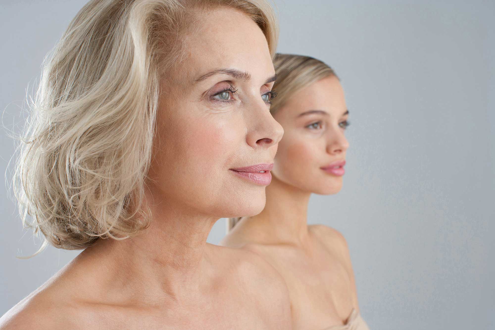 Multi-generational beauty portrait representing longevity skincare, healthy aging innovation and advanced pro-aging cosmetic product development by THG LABS 