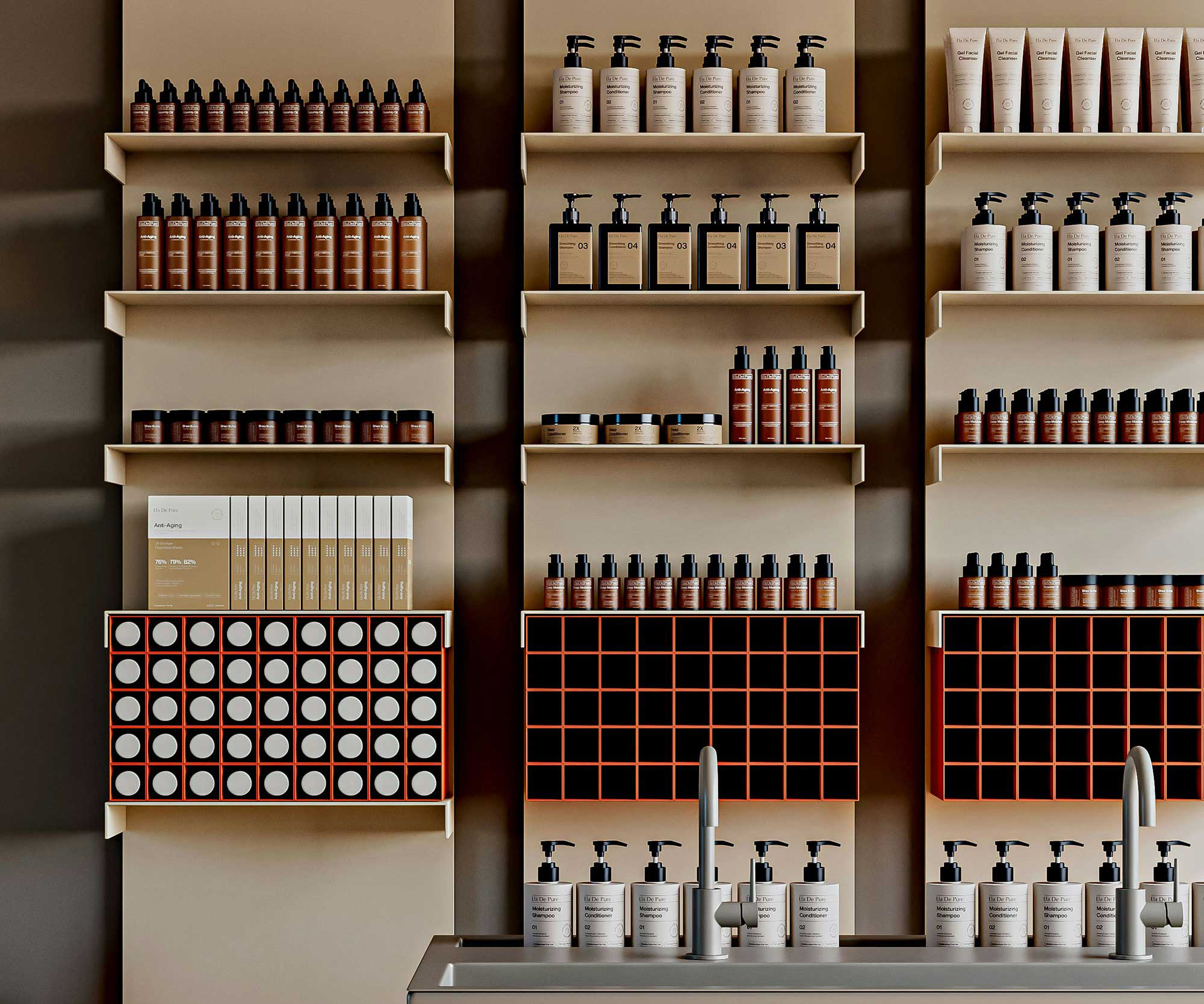 Premium haircare retail display showcasing performance-led shampoo and scalp care products, reflecting evolving consumer expectations and treatment-focused haircare innovation developed by THG LABS.