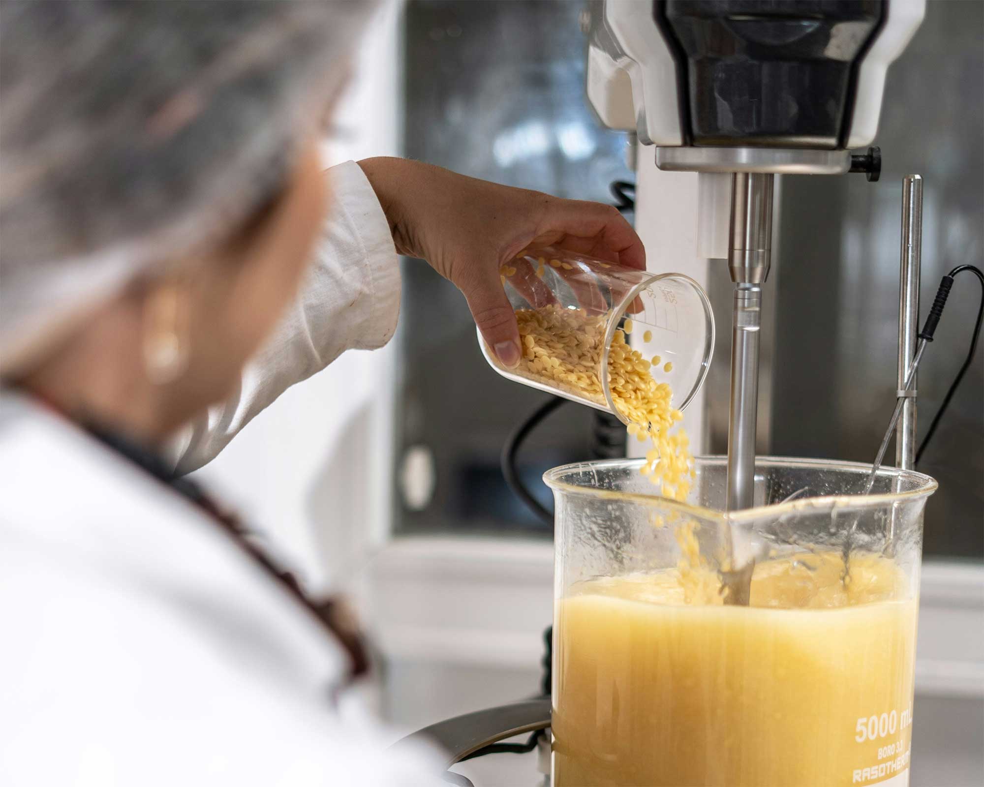 Beauty product formulation prototyping showing cosmetic manufacturing R&D and ingredient blending for new product development