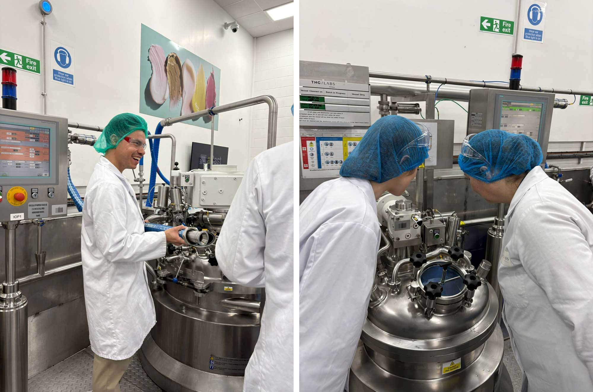 THG LABS R&D scientists in the compounding area of state-of-the-art beauty manufacturing site.