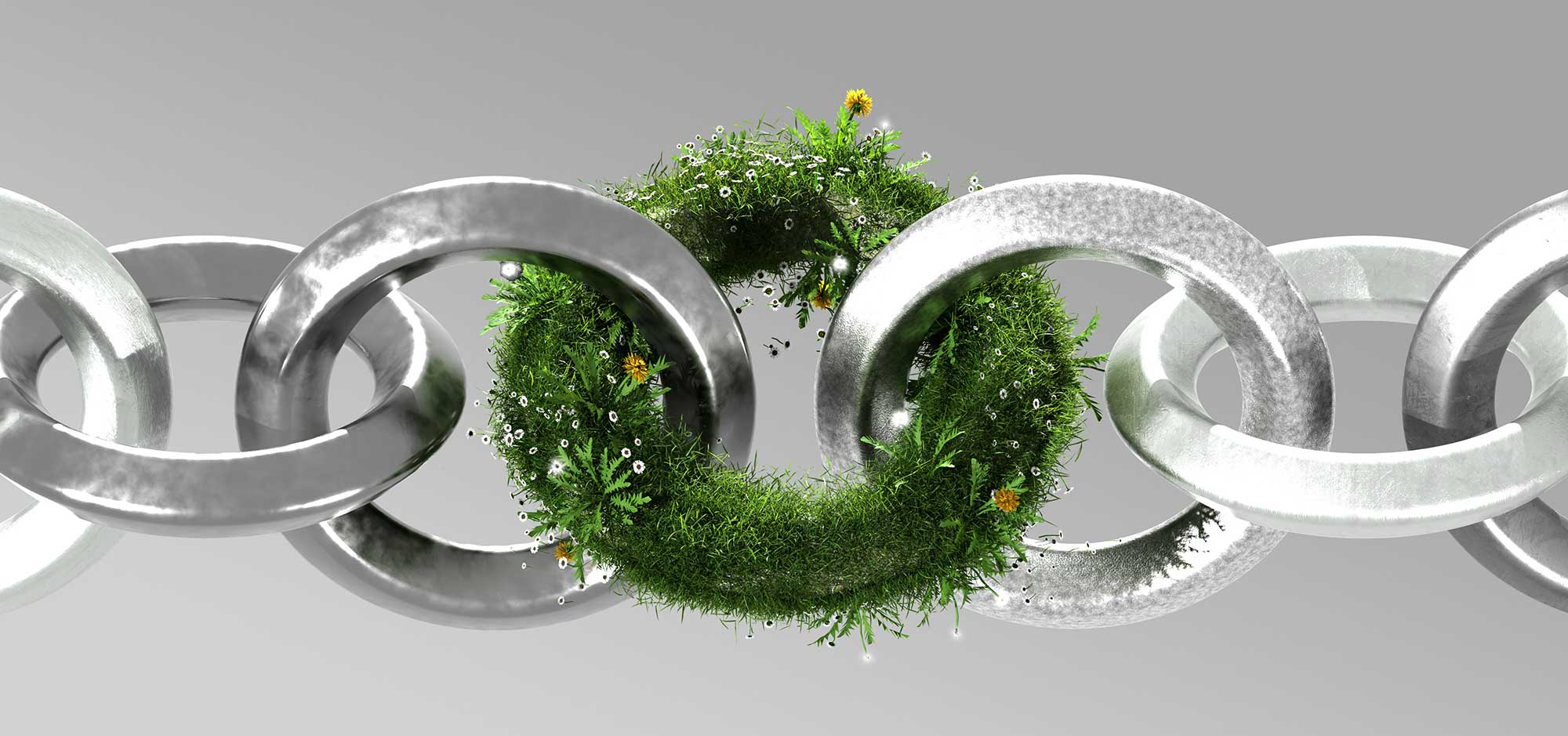 Sustainability concept showing a green link in a metal supply chain, symbolising THG LABS’ commitment to responsible sourcing, sustainable packaging, and climate-conscious beauty manufacturing.