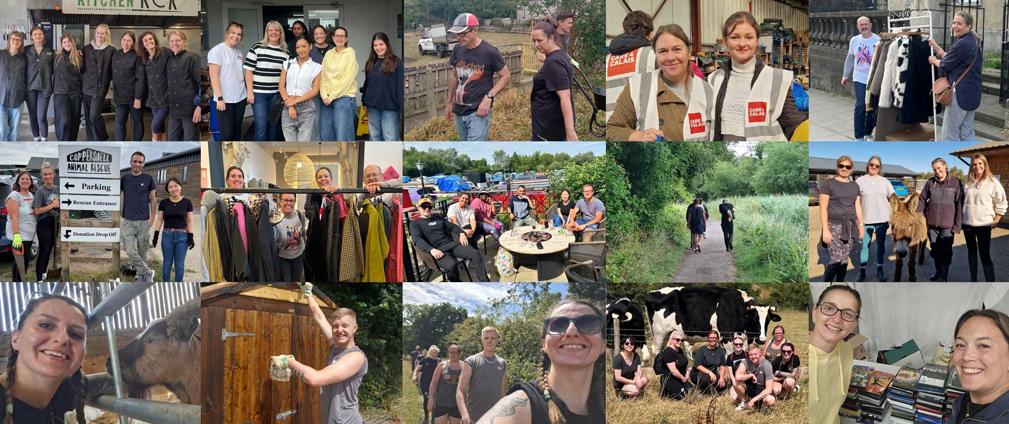 Collage of THG LABS teams volunteering across the UK, from animal care to community kitchens and charity fundraising, representing over 2,200 hours of Employer Supported Volunteering.