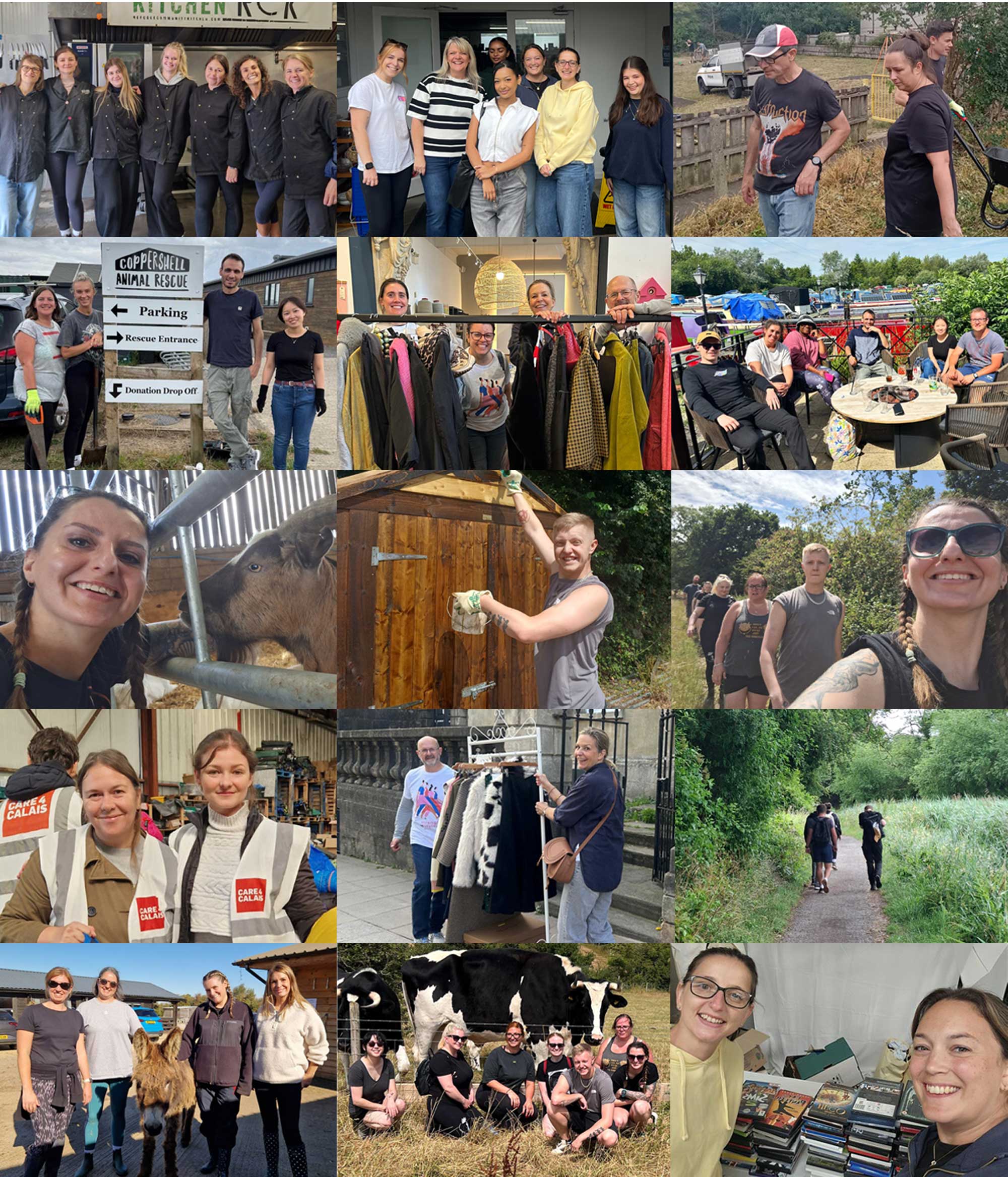 Another Collage of THG LABS teams volunteering across the UK, from animal care to community kitchens and charity fundraising, representing over 2,200 hours of Employer Supported Volunteering.